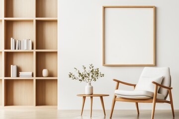 Inviting Home Library Interior with Frame Mockup, Bookshelf, Reading Chair, and Cozy Decor