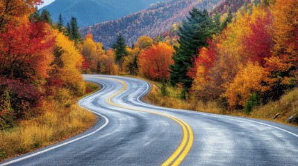 A close-up of a mountain road with colorful fall foliage, curves, and a backdrop of towering peaks, showcasing the vibrant colors and beauty of a seasonal drive.