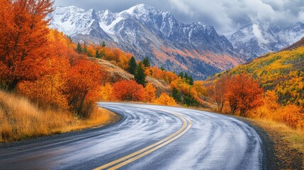 Naklejka premium A close-up of a mountain road with colorful fall foliage, curves, and a backdrop of towering peaks, showcasing the vibrant colors and beauty of a seasonal drive.