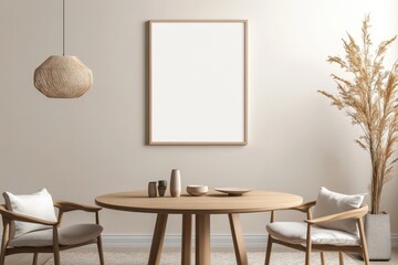 Fototapeta premium Cozy Dining Area with Frame Mockup on Wall Featuring Round Wooden Table, Cushioned Chairs, Soft Rug, and Pendant Light