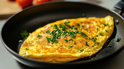 A close-up of a non-stick frying pan with a vibrant omelet being flipped, highlighting the smooth surface and even cooking with minimal oil.