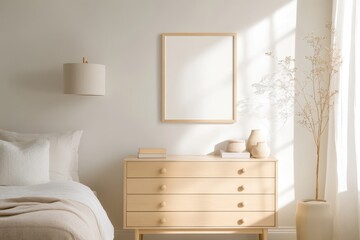 Serene Bedroom Interior with Frame Mockup, Decorative Items, and Floor Mirror