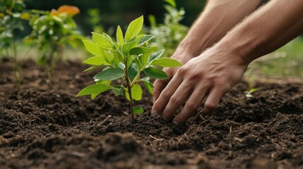 A close-up of a person hand patting down the soil around a newly planted tree, with the tender leaves and firm earth representing a connection to nature.