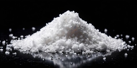 A grain of salt glistens on the inky black background, its serrated edges and crystalline structure magnified in perfect contrast.