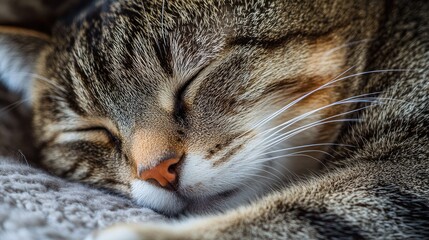 A close-up of a rotund cat's face as it sleeps peacefully, its whiskers twitching slightly, 