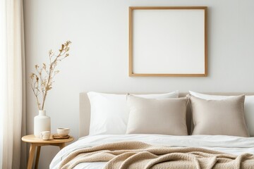 Modern Cozy Studio Apartment with Frame Mockup Above Sofa Bed and Soft Neutral Bedding