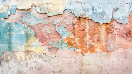 Fototapeta premium Close-up of a weathered wall with peeling pastel-colored paint, showcasing the texture and layers of decay over time.