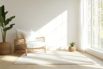 Fototapeta premium Cozy Sunroom Frame Mockup with Wicker Furniture, Potted Plants, and Sheer Curtains for Interior Design Presentation.