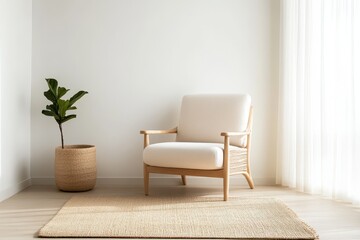 Serene Sunroom Frame Mockup with Wicker Furniture and Natural Elements for Interior Design Presentation