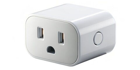 a photo image of a small, sleek smart plug with a matte finish, featuring a touch-sensitive interface and a compact design
