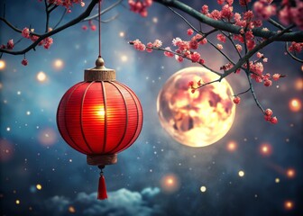 Fototapeta premium A stunning, close-up shot of a solo, crimson lantern, suspended from a delicate, curved branch, with the full moon shining brightly in the background, surrounded by a soft, dreamy bokeh.
