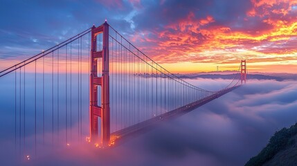 Obraz premium Golden Gate Bridge Sunset with Fog and Dramatic Sky