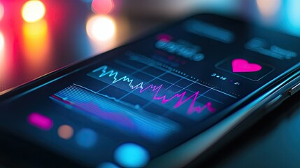 A close-up of a smartphone app displaying a heart rate monitor with a digital graph, capturing the convenience of tracking heartbeats using modern technology.