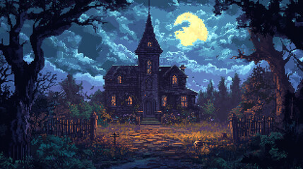 2d pixel art of huanted house, halloween pumpkins, spooky 