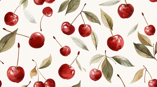 Watercolor Cherry Delight: A seamless pattern of luscious red cherries and delicate green leaves, capturing the essence of summer's bounty in a vibrant and refreshing design. 