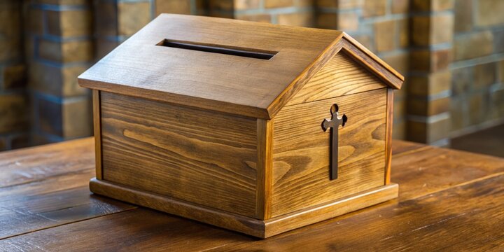 A wooden offering box from a church features a sliding metal slot on top for parishioners to deposit donations.