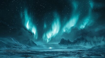 Fototapeta premium Northern Lights Over Frozen Mountains