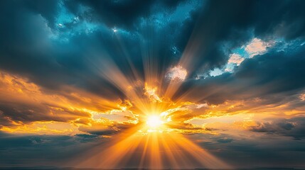 A close-up of a sunset with sun rays streaming through a small gap in the clouds, creating a dramatic and inspiring scene with vibrant colors in the sky.