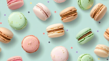 Obraz premium Macaron Dream: A symphony of pastel-hued macarons dance on a teal backdrop, a sweet treat for the eyes and a feast for the soul. 
