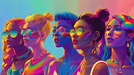 Fototapeta premium Vibrant Vector Illustration of Diverse Men and Women in Rainbow Attire Celebrating LGBTQ+ Pride Month