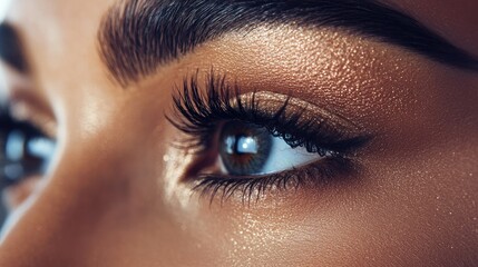 Obraz premium A close-up of a woman's eyes with intricate eye makeup, including shimmering eyeshadow, perfectly arched eyebrows, and voluminous lashes, capturing the intensity of her gaze.
