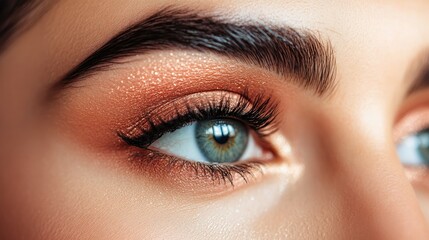 Obraz premium A close-up of a woman's eyes with intricate eye makeup, including shimmering eyeshadow, perfectly arched eyebrows, and voluminous lashes, capturing the intensity of her gaze.