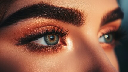 Fototapeta premium A close-up of a woman's eyes with intricate eye makeup, including shimmering eyeshadow, perfectly arched eyebrows, and voluminous lashes, capturing the intensity of her gaze.