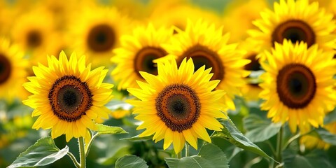 Field of sunflowers blooming under the summer sun, their yellow petals contrasting against the blue sky