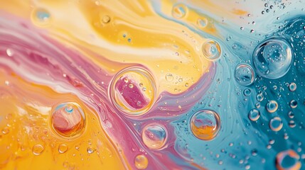 Abstract Colorful Liquid with Bubbles  Closeup Macro
