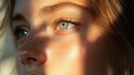 Fototapeta premium A close-up of a young face with a thoughtful expression, showcasing her natural features and the gentle play of light and shadow on her skin.