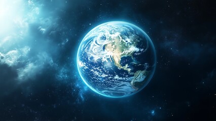 Obraz premium A futuristic Earth with a digital ozone shield, representing advanced technology in ozone protection, 3D,World Ozone Day