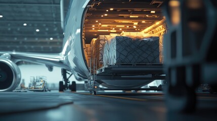 A close-up of an s cargo hold being loaded with goods, showcasing the logistics and precision involved in air freight transportation.