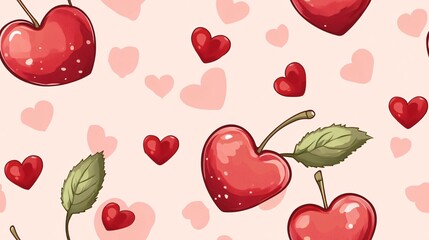 Sweetheart Cherries: A whimsical seamless pattern of heart-shaped cherries and tiny hearts on a pink background. Perfect for romantic designs. 