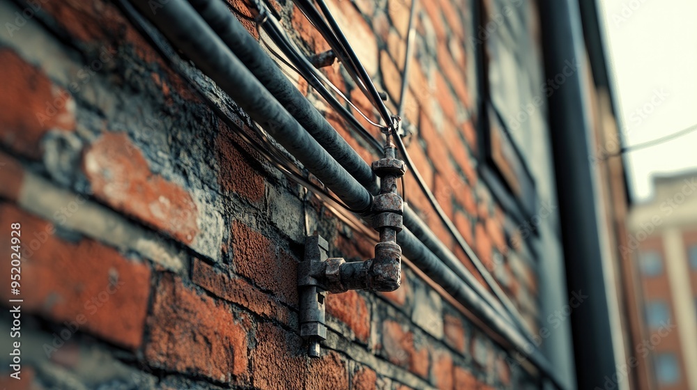 Fototapete A close-up of electrical wires running along the side of a building, with the textures of the brick wall and the metal conduit adding depth and interest to the composition.