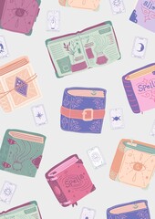 Witch halloween pop art modern cover paper. Doodle witchcraft spells book, tarot illustration set. Spooky halloween witchcraft cover design, 70s, 80s