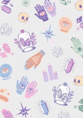 Magic witch cover background groovy in vintage modern style with clipart elements. Mystical cover paper design. Esoteric collection element witchcraft. 70s, 80s