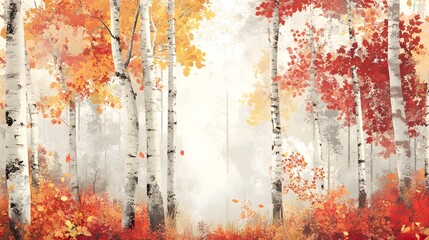 Obraz premium Autumn Birch Forest Watercolor Painting