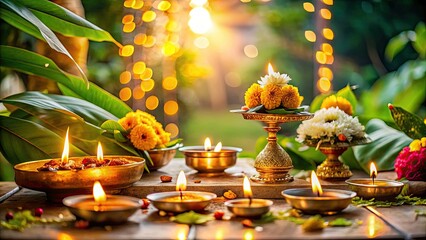 ethereal morning puja rituals with soft golden light and delicate diyas amidst lush greenery