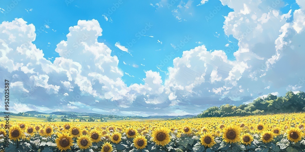 Sticker Expansive sunflower field under a vivid blue sky with fluffy clouds.