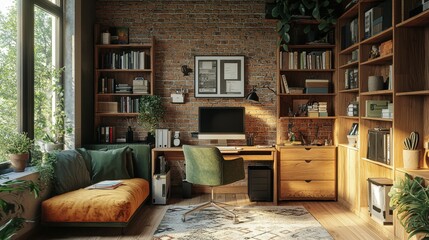 Modern Home Office Interior with Brick Wall and Bookshelves