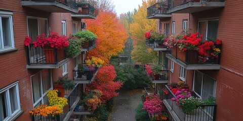Beautiful view of a residential building courtyard abundantly adorned with vibrant and colorful flowers in full bloom during autumn