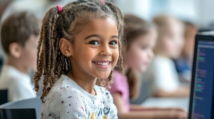 Smiling African American Girl Learning on Computer