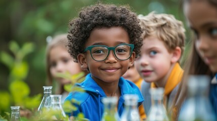 Happy African American Boy Wearing Glasses in a Group of Children Doing a Science Experiment Outdoors