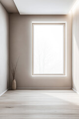 Minimalist tranquil room with a large window filling the room with natural light and minimal furniture or decor.