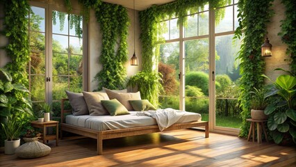 soft summer breeze rustles the leaves of a lush greenery-filled bedroom where a peaceful sleeper lounges on a pillow-strewn daybed