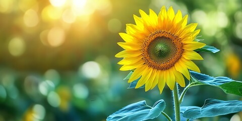 Fototapeta premium Gorgeous vibrant yellow sunflower blooming in garden with copy space image