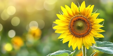 Fototapeta premium Gorgeous vibrant yellow sunflower blooming in garden with copy space image 