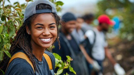 Happy Young Woman Volunteering with Group in Nature