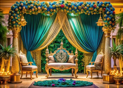 majestic peacock-adorned Hindu wedding mandap with lavish fabrics and opulent golden accents