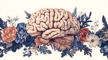 Human Brain Anatomy with Flowers Illustration